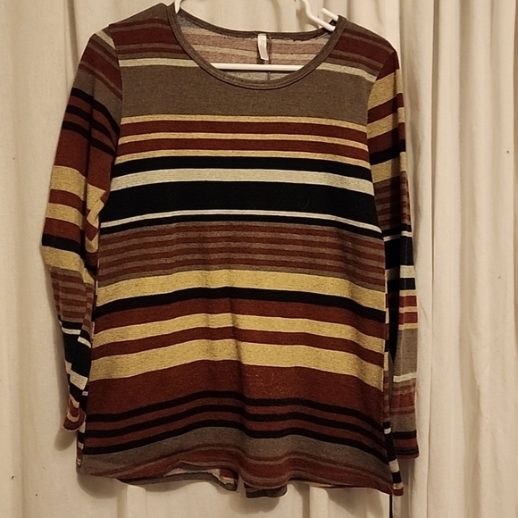 Striped PinkBlush long sleeve top in maroon, gray, beige & black – size Med - Picture 1 of 4